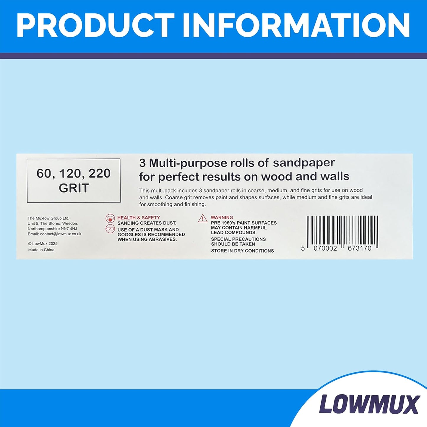 LOWMUX Sandpaper Rolls – 3 Pack (60, 120, 220 Grit) – 11.5cm x 5m Each – Aluminium Oxide Sandpaper for Wood & Walls – Easy to Cut – Hand & Sheet Sander Compatible – Coarse to Fine Grit