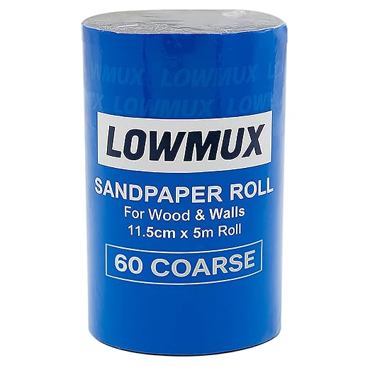 LOWMUX Sandpaper Roll – 60 Grit – 11.5cm x 5m – Aluminium Oxide – Coarse Sandpaper for Wood & Walls – Cut to Size – Flexible Backing – Hand & Sheet Sander Compatible