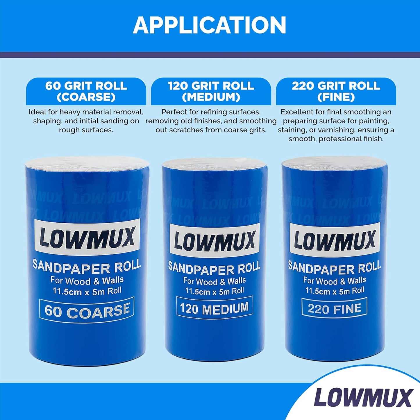 LOWMUX Sandpaper Rolls – 3 Pack (60, 120, 220 Grit) – 11.5cm x 5m Each – Aluminium Oxide Sandpaper for Wood & Walls – Easy to Cut – Hand & Sheet Sander Compatible – Coarse to Fine Grit
