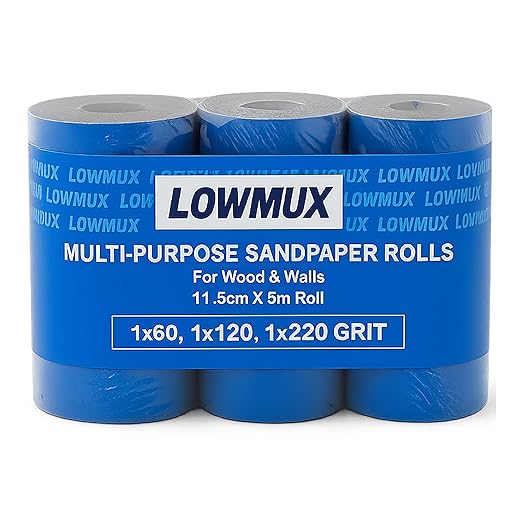 LOWMUX Sandpaper Rolls – 3 Pack (60, 120, 220 Grit) – 11.5cm x 5m Each – Aluminium Oxide Sandpaper for Wood & Walls – Easy to Cut – Hand & Sheet Sander Compatible – Coarse to Fine Grit