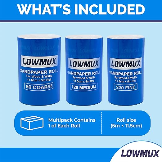 LOWMUX Sandpaper Rolls – 3 Pack (60, 120, 220 Grit) – 11.5cm x 5m Each – Aluminium Oxide Sandpaper for Wood & Walls – Easy to Cut – Hand & Sheet Sander Compatible – Coarse to Fine Grit