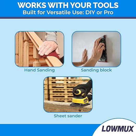 LOWMUX Sandpaper Roll – 120 Grit – 11.5cm x 5m – Aluminium Oxide – Medium Grit Sandpaper for Wood & Walls – Cut to Size – Flexible Backing – Hand & Sheet Sander Compatible
