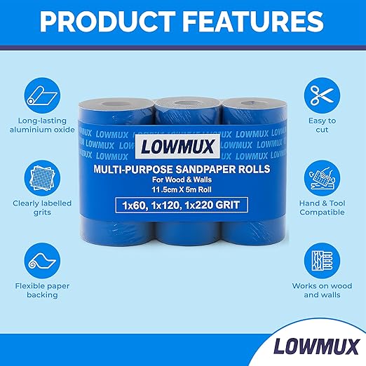 LOWMUX Sandpaper Rolls – 3 Pack (60, 120, 220 Grit) – 11.5cm x 5m Each – Aluminium Oxide Sandpaper for Wood & Walls – Easy to Cut – Hand & Sheet Sander Compatible – Coarse to Fine Grit
