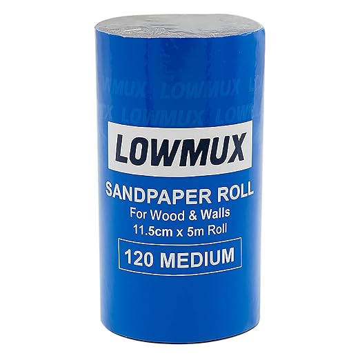 LOWMUX Sandpaper Roll – 120 Grit – 11.5cm x 5m – Aluminium Oxide – Medium Grit Sandpaper for Wood & Walls – Cut to Size – Flexible Backing – Hand & Sheet Sander Compatible