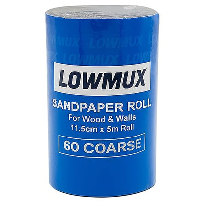 LOWMUX Sandpaper Roll – 60 Grit – 11.5cm x 5m – Aluminium Oxide – Coarse Sandpaper for Wood & Walls – Cut to Size – Flexible Backing – Hand & Sheet Sander Compatible