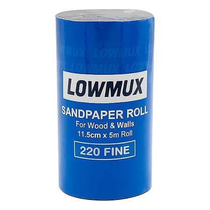 LOWMUX Sandpaper Roll – 220 Grit – 11.5cm x 5m – Aluminium Oxide – Fine Sandpaper for Wood & Walls – Cut to Size – Flexible Backing – Hand & Sheet Sander Compatible