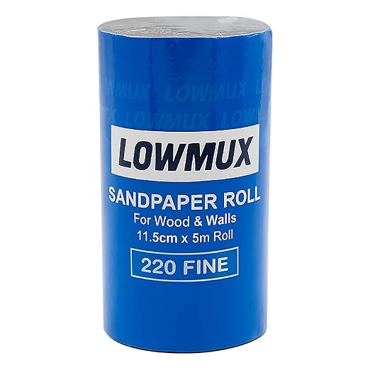 LOWMUX Sandpaper Roll – 220 Grit – 11.5cm x 5m – Aluminium Oxide – Fine Sandpaper for Wood & Walls – Cut to Size – Flexible Backing – Hand & Sheet Sander Compatible