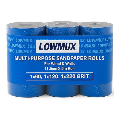 LOWMUX Sandpaper Rolls – 3 Pack (60, 120, 220 Grit) – 11.5cm x 5m Each – Aluminium Oxide Sandpaper for Wood & Walls – Easy to Cut – Hand & Sheet Sander Compatible – Coarse to Fine Grit